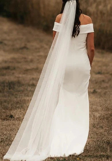 Weitese Dress Off-the-shoulder Satin Floor-length Court Train Trumpet Sleeveless Casual Wedding Dress/No Veils