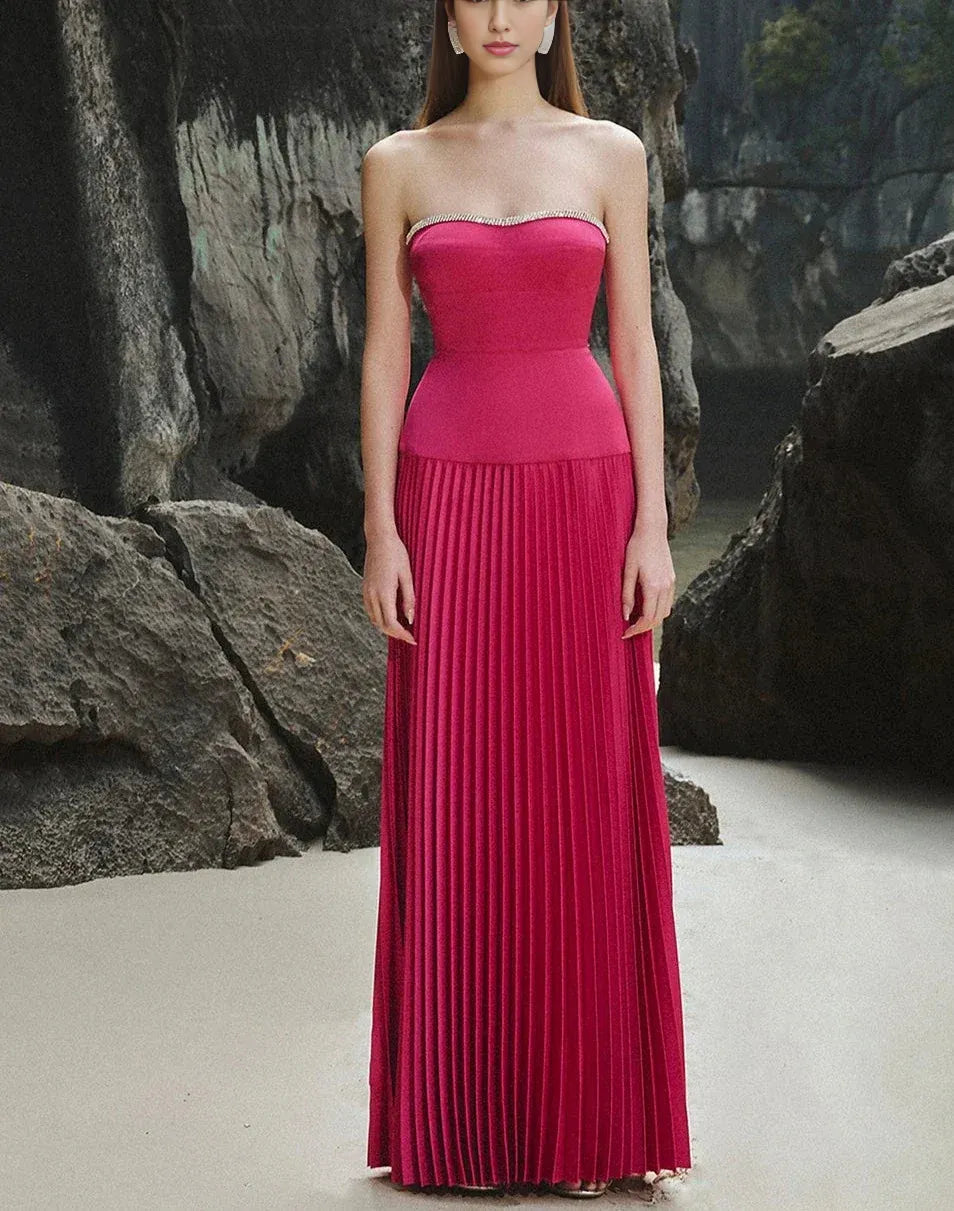 Vestido Weitese con hombros descubiertos, plisado, diamante, sin tirantes, sin mangas, maxivestido de fiesta, elegante vestido de graduación 