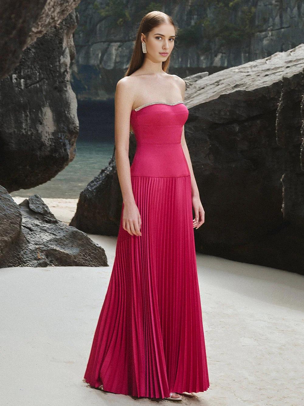 Weitese Dress Off Shoulder Pleated Diamond Strapless Sleeveless Maxi Dress Party Dress Elegant Prom Dress