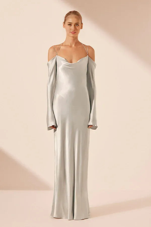 Vestido Weitese con hombros descubiertos y lazo, vestido largo plateado con tirantes finos, mangas largas, vestido de fiesta hasta el suelo, vestido de noche 