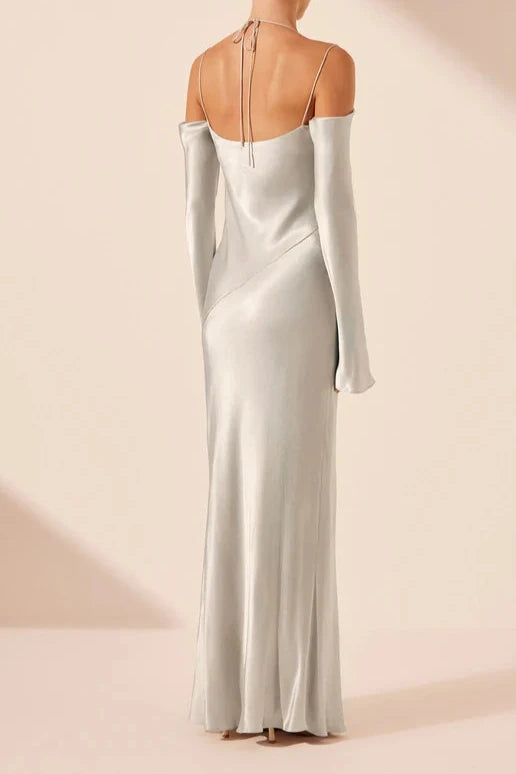 Vestido Weitese con hombros descubiertos y lazo, vestido largo plateado con tirantes finos, mangas largas, vestido de fiesta hasta el suelo, vestido de noche 