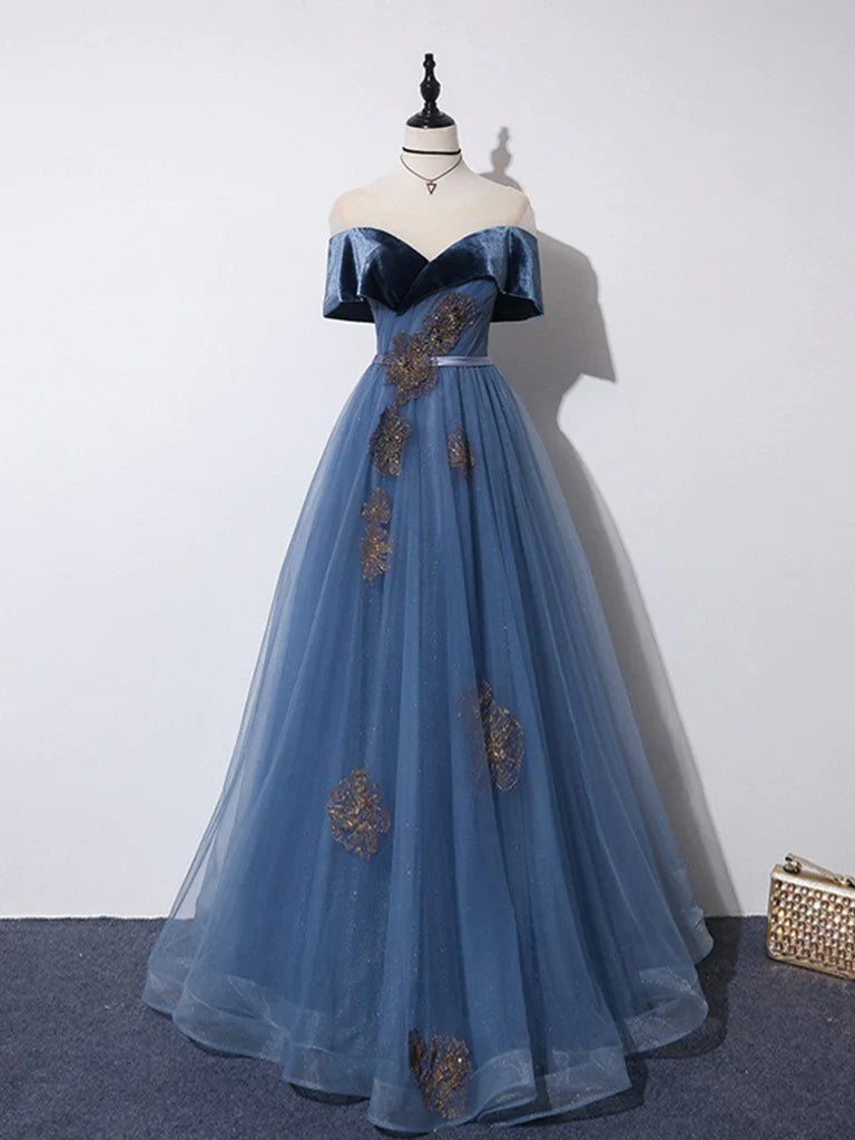 Robe Weitese à épaules dénudées en tulle gris bleu longue robe de bal robe de soirée bleue robe de soirée 