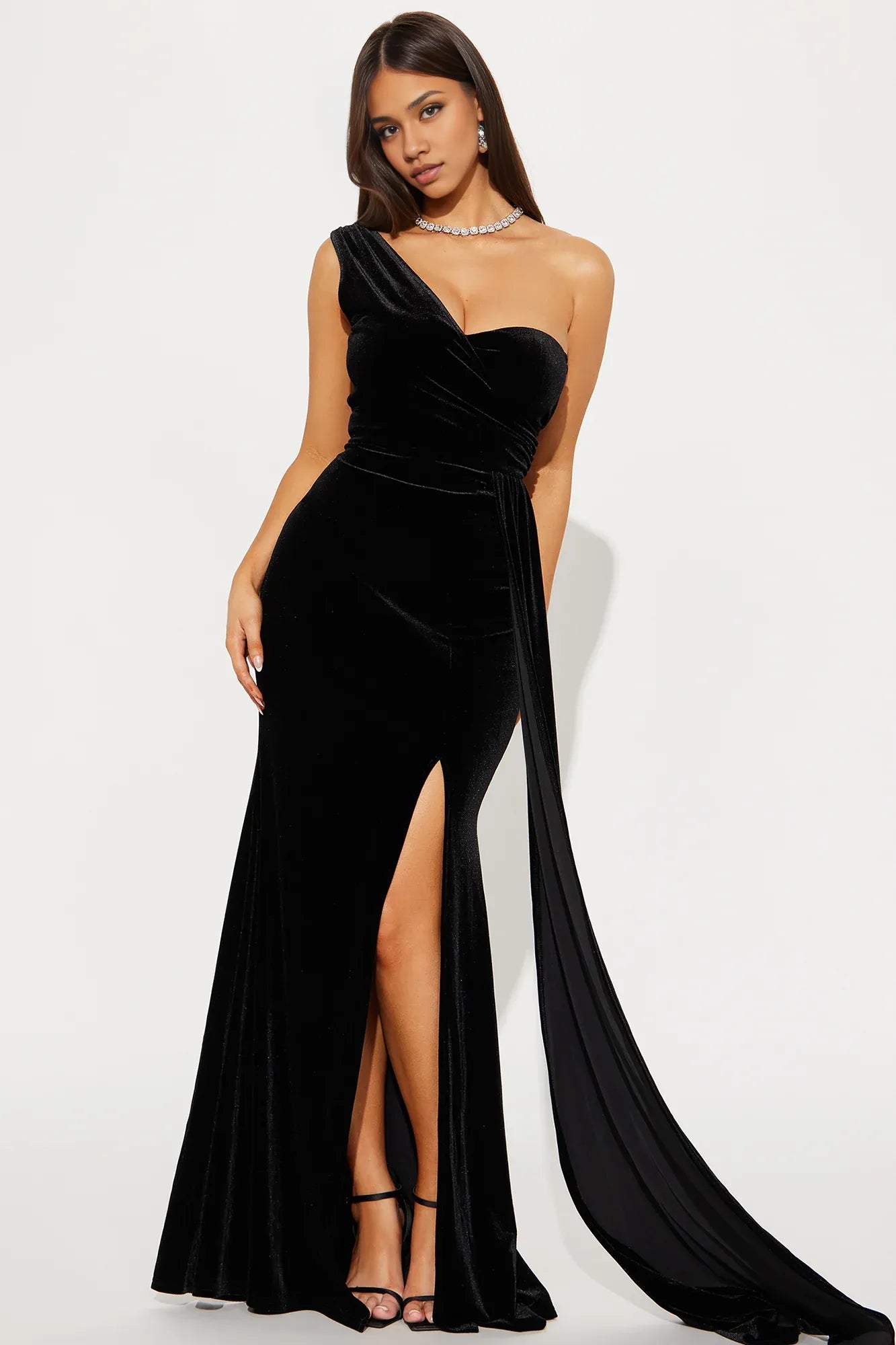 Weitese Dress Off Shoulder Velvet Maxi Dress Black One-Shoulder Party Dress Sleeveless With Floor Length Add Dress