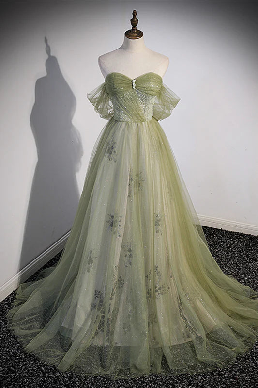 Robe Weitese à épaules dénudées en tulle vert, coupe trapèze, longue robe de soirée, robe de bal 