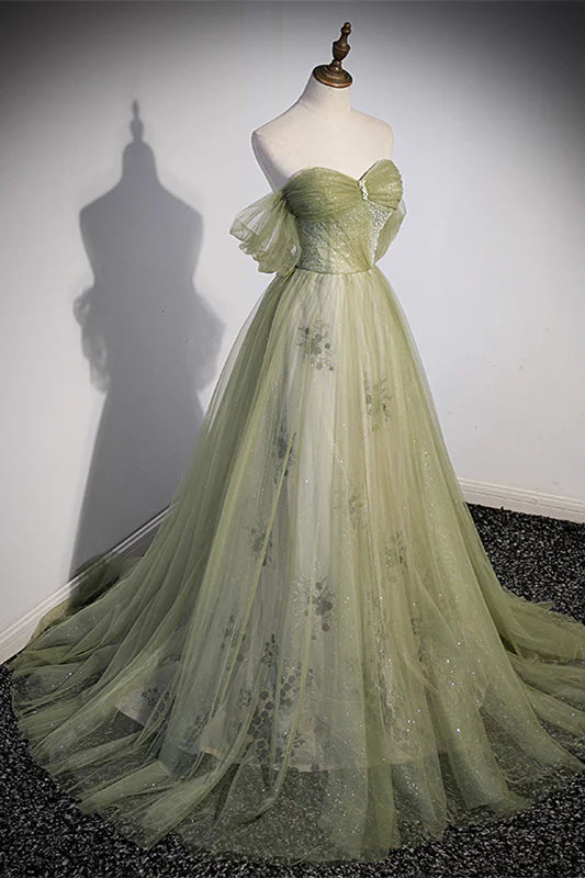 Robe Weitese à épaules dénudées en tulle vert, coupe trapèze, longue robe de soirée, robe de bal 
