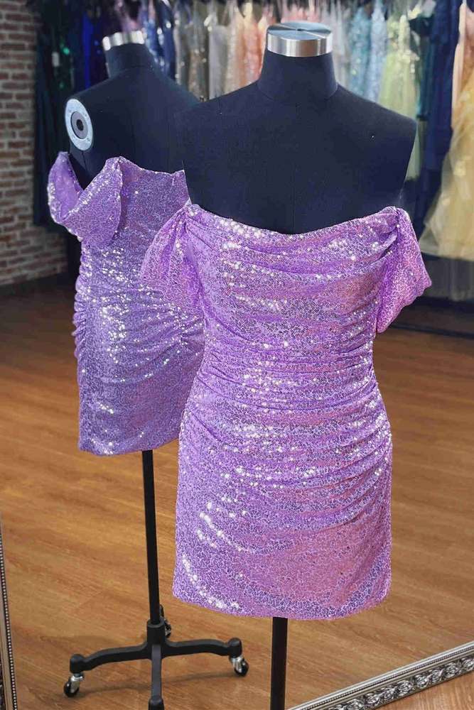 Weitese Dress Off the Shoulder Lavender Sequin Short Dress Homecoming Dress