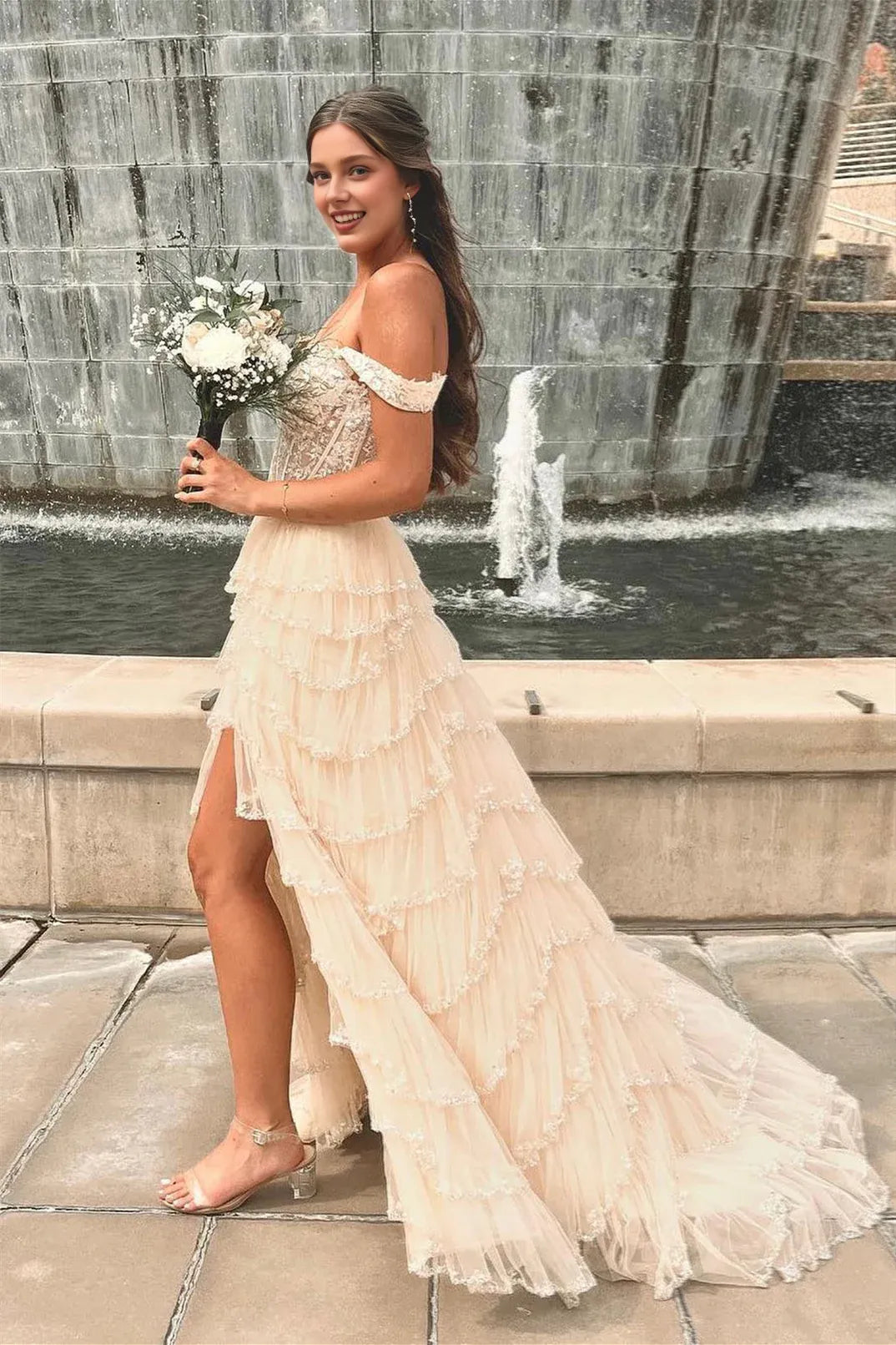 Robe Weitese à épaules dénudées, robe longue à paillettes rose clair, robe de bal 