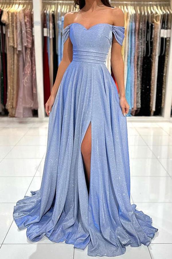 Weitese Dress Off the Shoulder Shiny Blue Long Prom Dresses Formal Dress