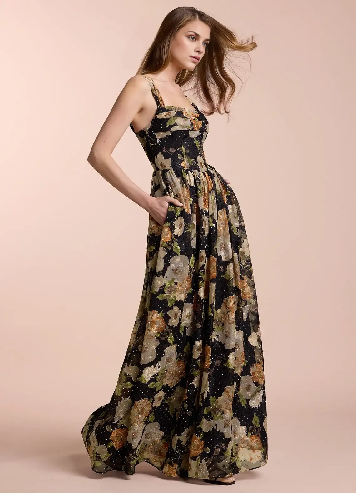 Vestido Weitese sin mangas con hombros descubiertos y estampado floral romántico, vestido de noche largo hasta el suelo con cordones, vestido de fiesta 