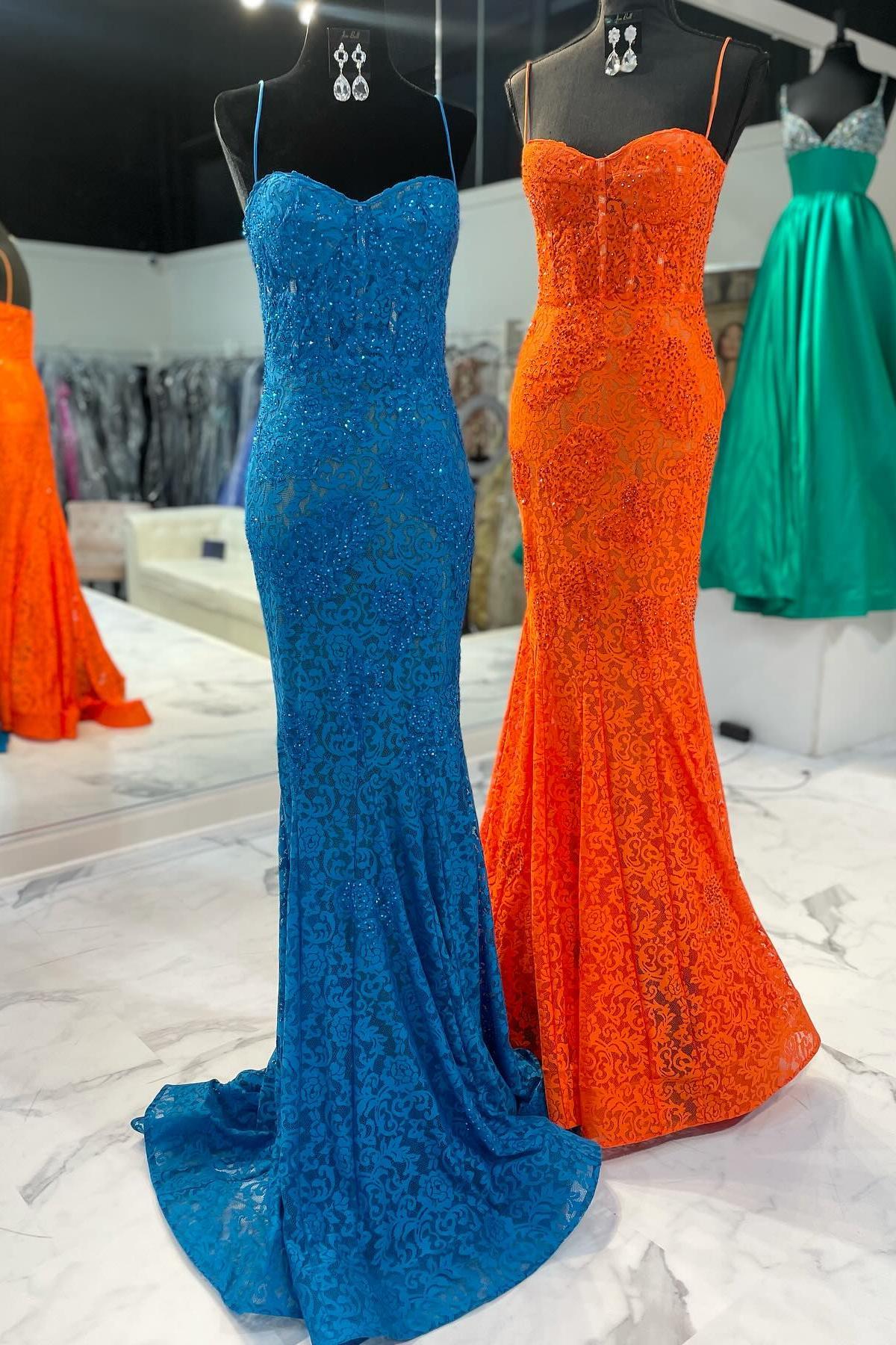 Weitese Dress Off the Shoulder Spaghetti Straps Blue Mermaid Dress Lace Applique Maxi Dress Prom Dress