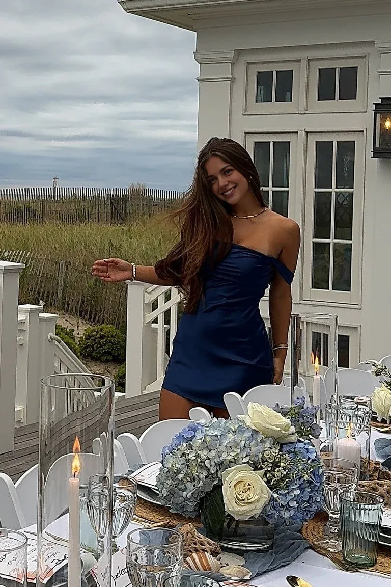 Weitese Dress  Off the Shoulder Watermelon Satin Short Dress Homecoming Dress