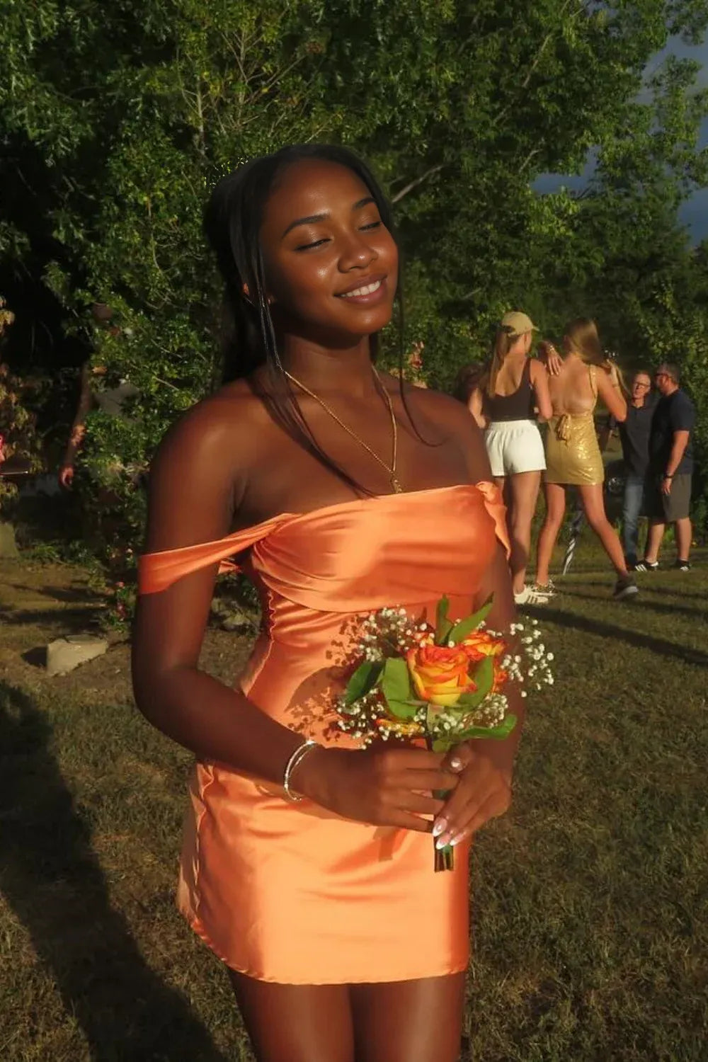 Weitese Dress  Off the Shoulder Watermelon Satin Short Dress Homecoming Dress