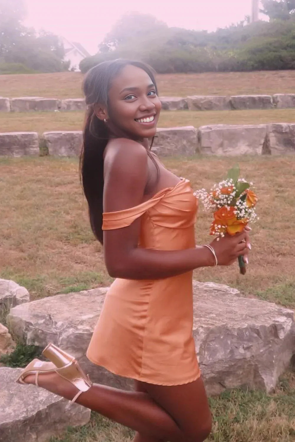 Weitese Dress  Off the Shoulder Watermelon Satin Short Dress Homecoming Dress