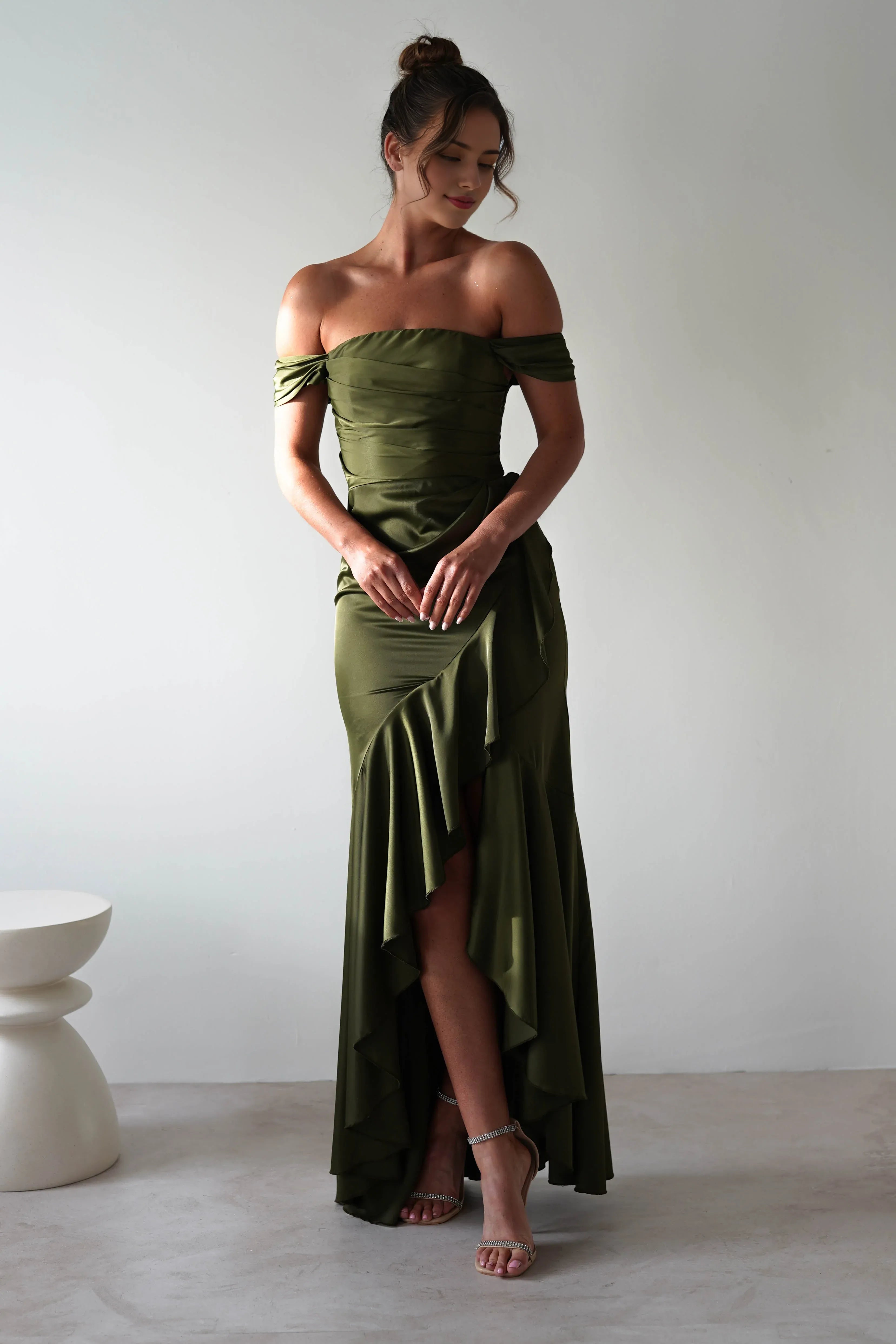 Weitese Dress Olive Green Satin Gown Off Shoulder Neck Ruched Bodice Asymmetrical Skirt And A Floor Length Hem Prom Dress