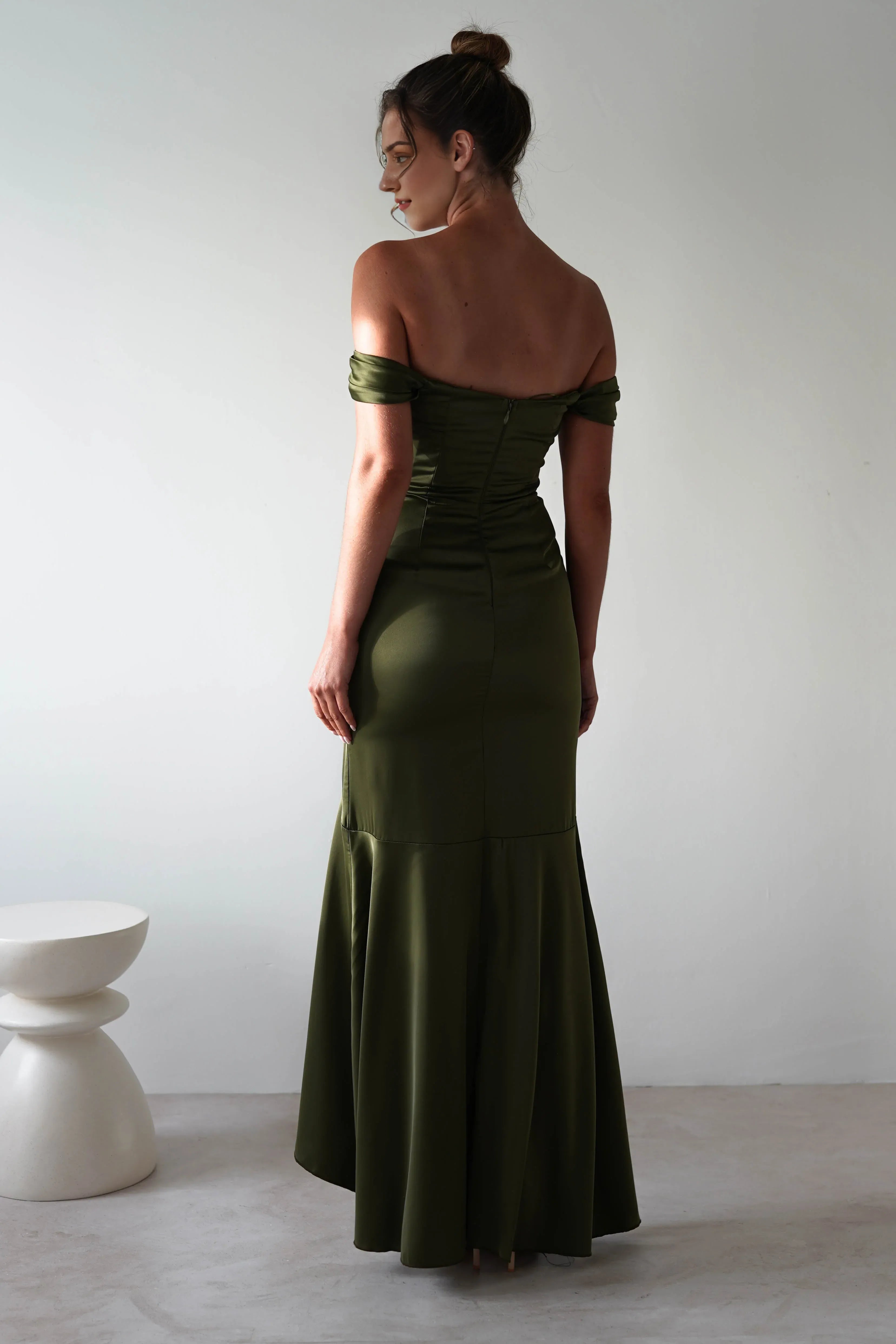 Weitese Dress Olive Green Satin Gown Off Shoulder Neck Ruched Bodice Asymmetrical Skirt And A Floor Length Hem Prom Dress