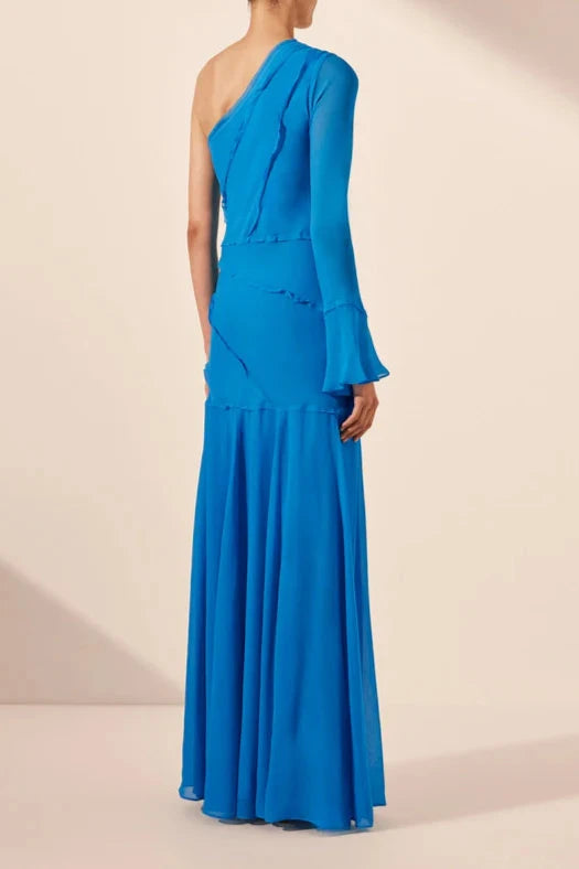 Vestido Weitese de un solo hombro, manga larga, largo hasta los tobillos, asimétrico, largo hasta el tobillo, color aguamarina, para fiesta y noche. 