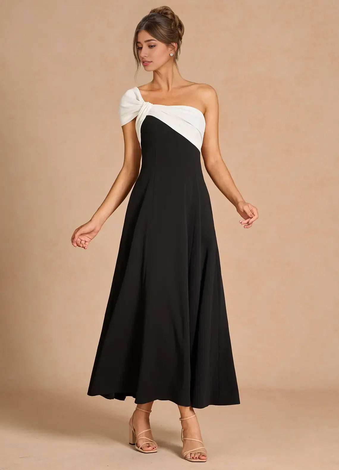 Robe Weitese asymétrique élégante, longueur thé, robe de bal, sans manches, dos nu, noire et blanche, robe de soirée trapèze 