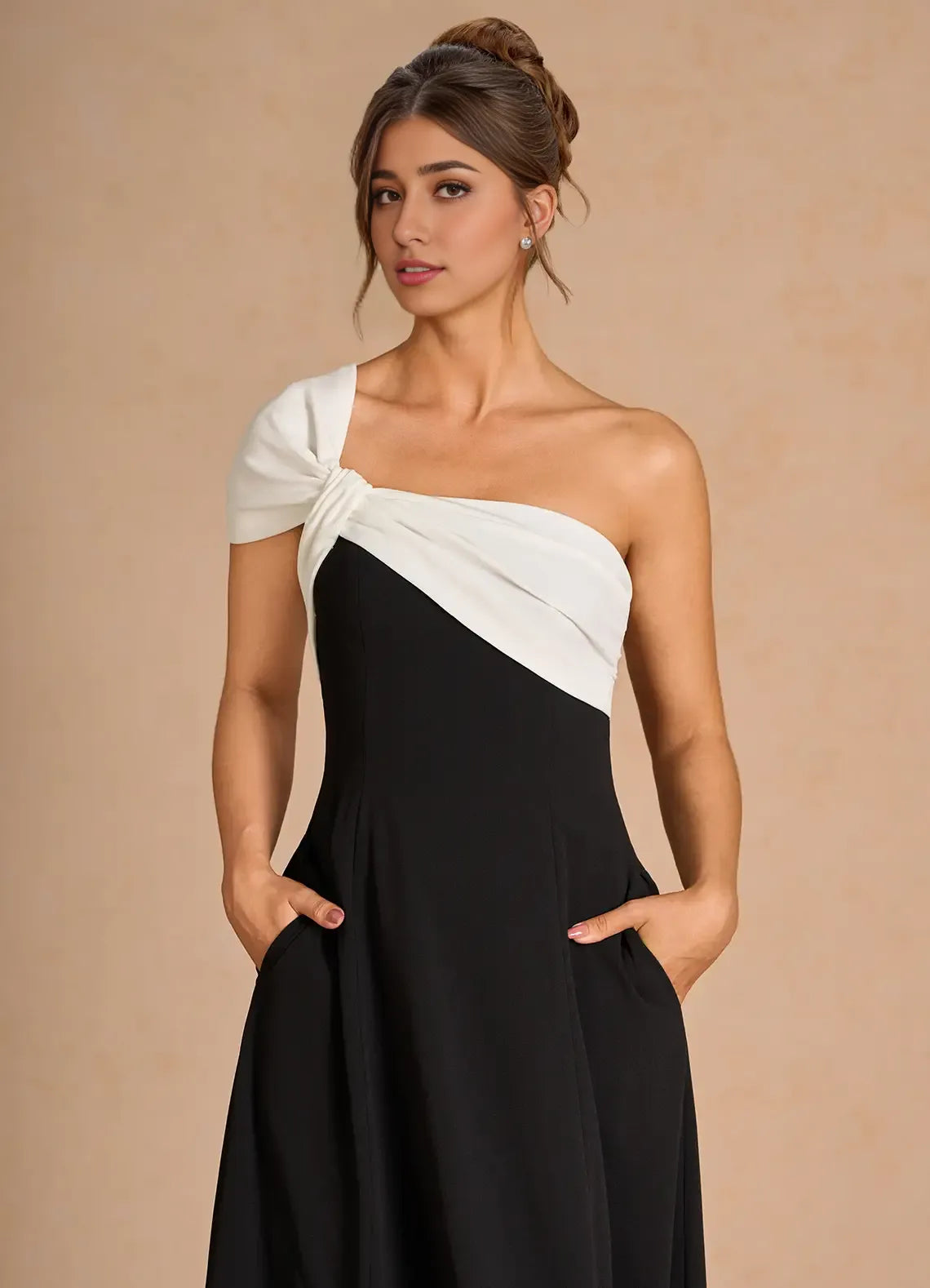 Robe Weitese asymétrique élégante, longueur thé, robe de bal, sans manches, dos nu, noire et blanche, robe de soirée trapèze 