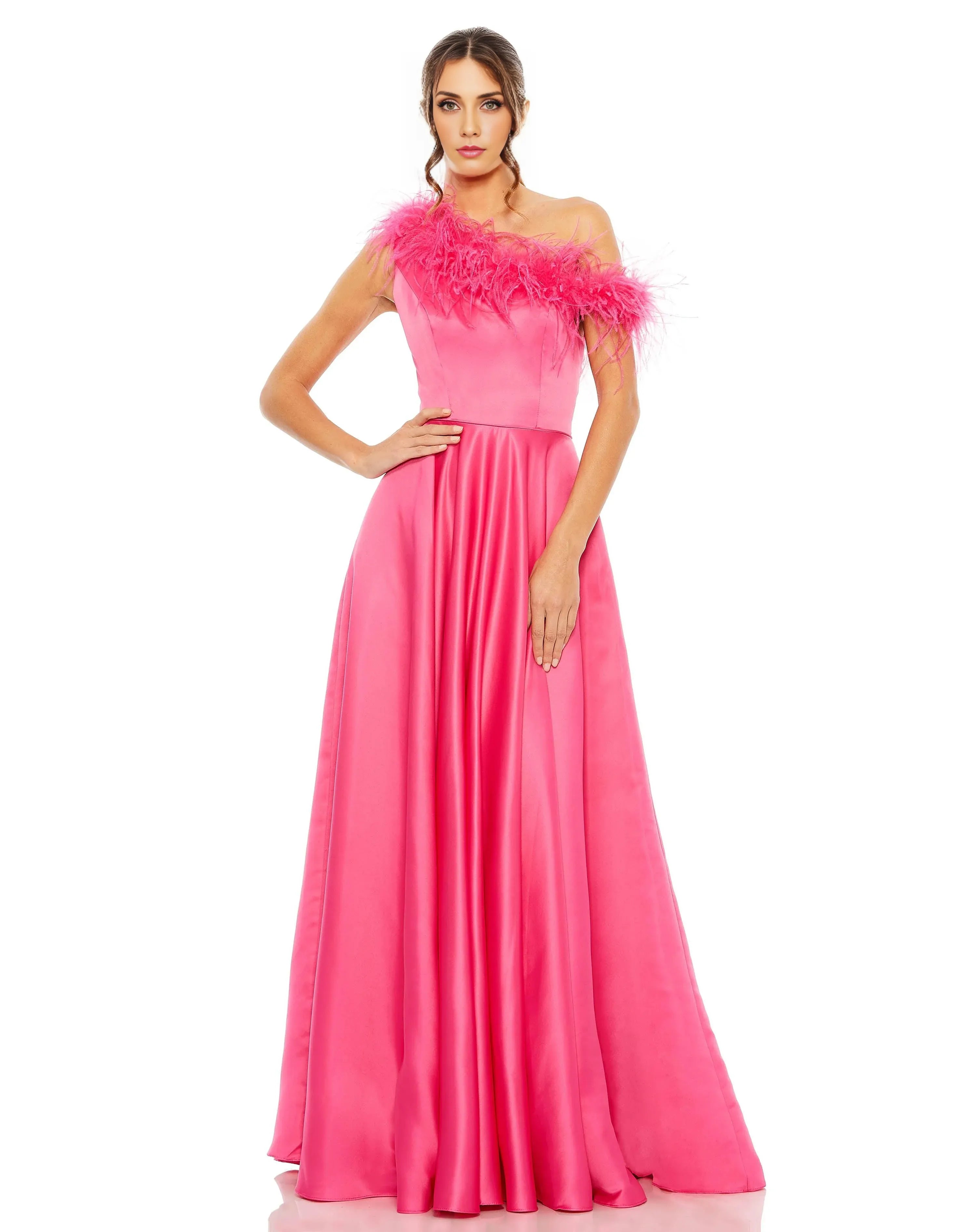 Weitese Dress One Shoulder Feather Prom Gown Satin Classic A-line Hot Pink Mother of the Bride Dress