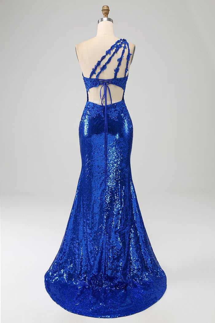 Weitese Dress One Shoulder Royal Blue Mermaid Slit Party Dress Maxi Dress With Appliques Prom Dress