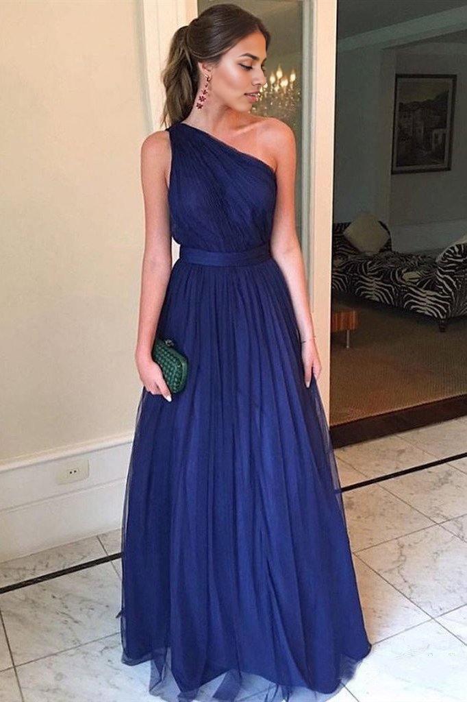 Weitese Dress One Shoulder Royal Blue Tulle Long Prom Dress Simple Evening Dress
