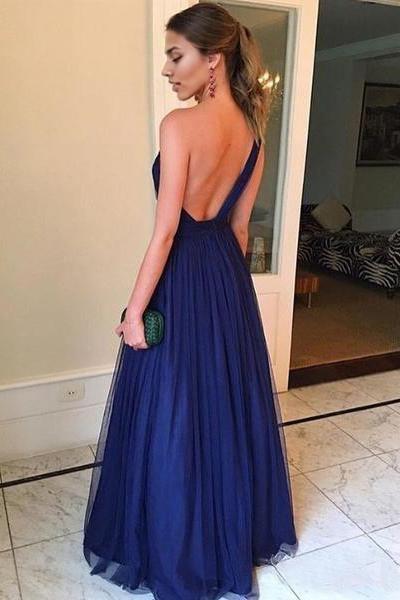Weitese Dress One Shoulder Royal Blue Tulle Long Prom Dress Simple Evening Dress