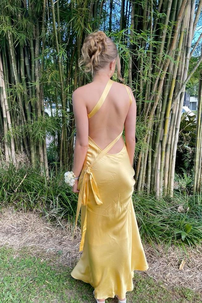 Robe Weitese asymétrique en satin jaune doux, robe de soirée ajustée, robe de bal sans manches 