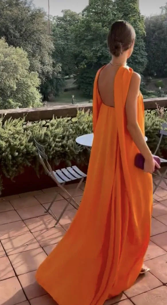Robe Weitese Orange Élégante Fluide A-Line Épaules Dénudées Satin Longue Robe de Soirée Robe de Bal Robe de Soirée Invité de Mariage Robe de Bal