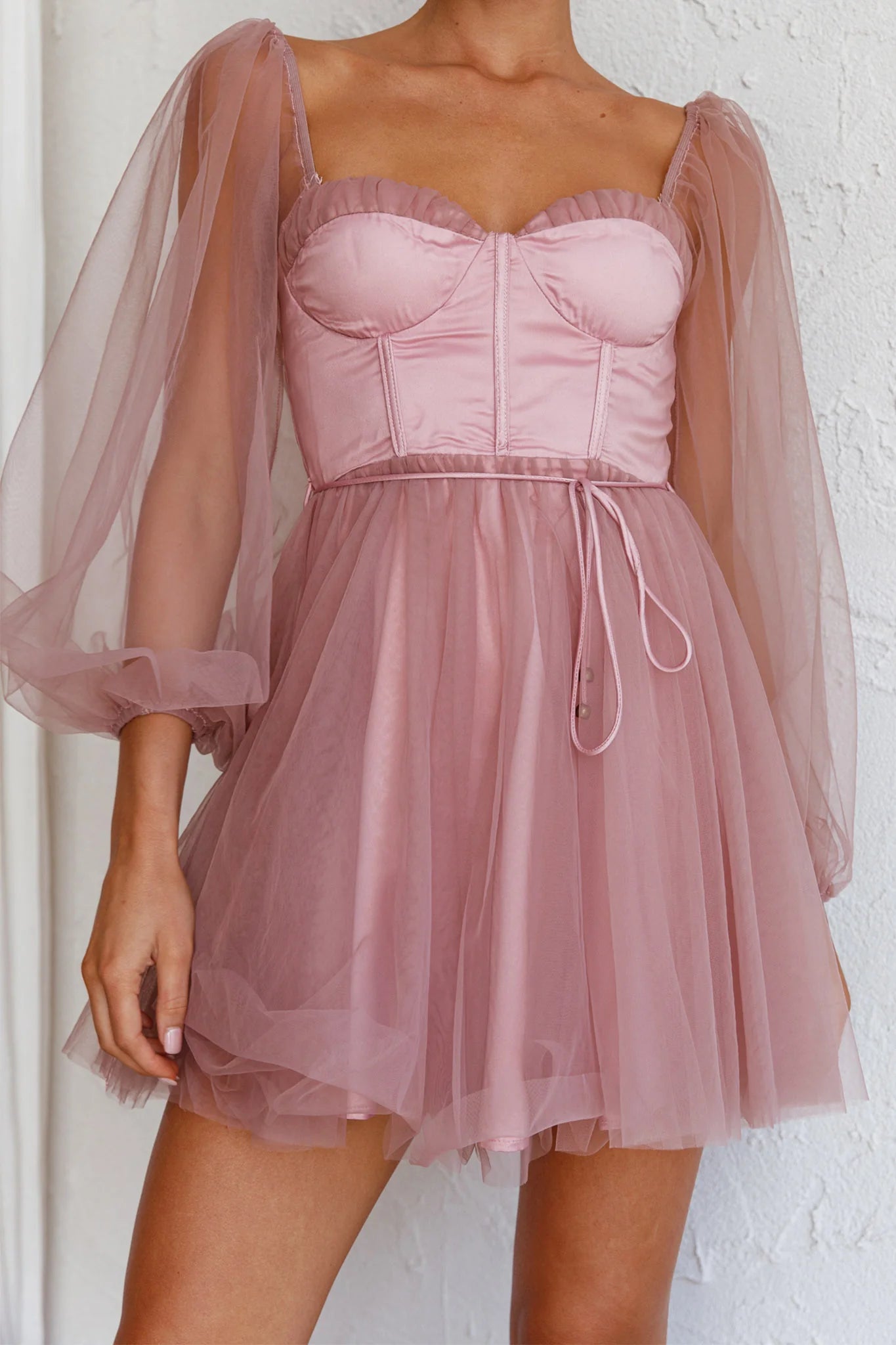 Weitese Dress Pale Pink Tulle Mini Dress With Sweetheart Neck Sheer Puff Sleeves And Waist Tie Up Detail Prom Dress