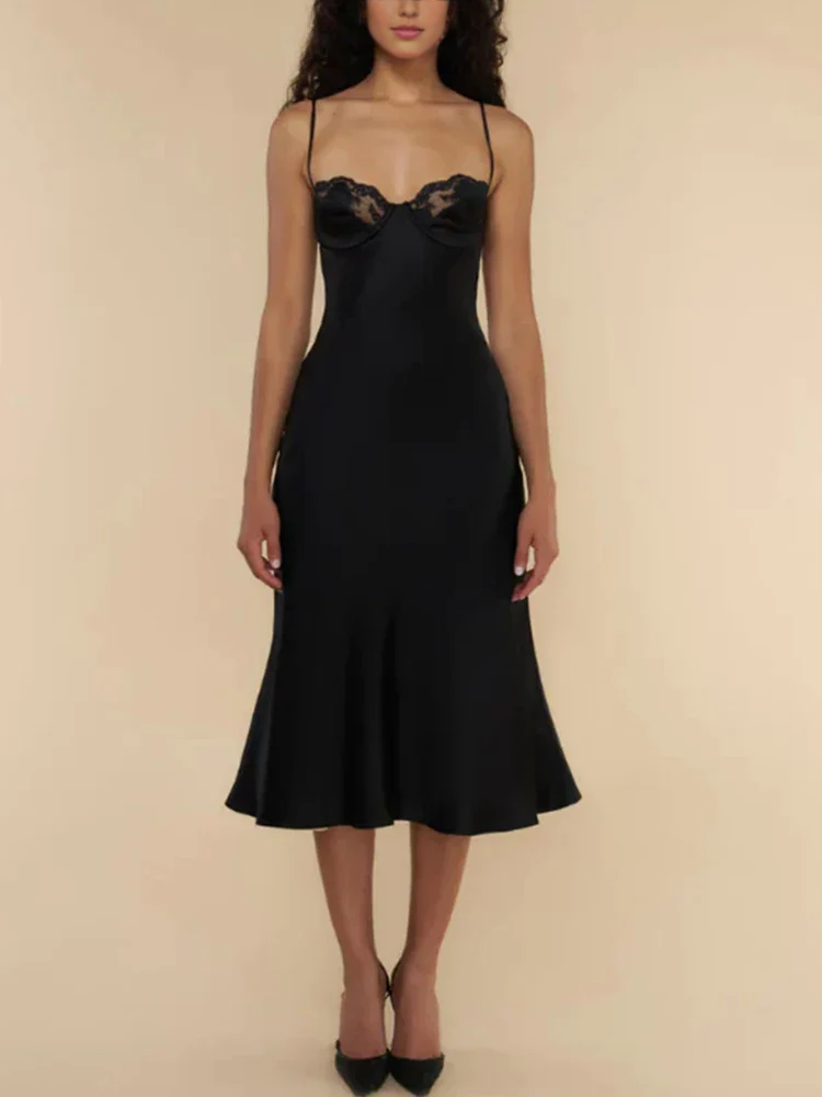 Vestido Weitese de patchwork con encaje, cuello cuadrado, cremallera, midi, elegante, tirantes finos, sin mangas, corte A, para fiesta de graduación. 