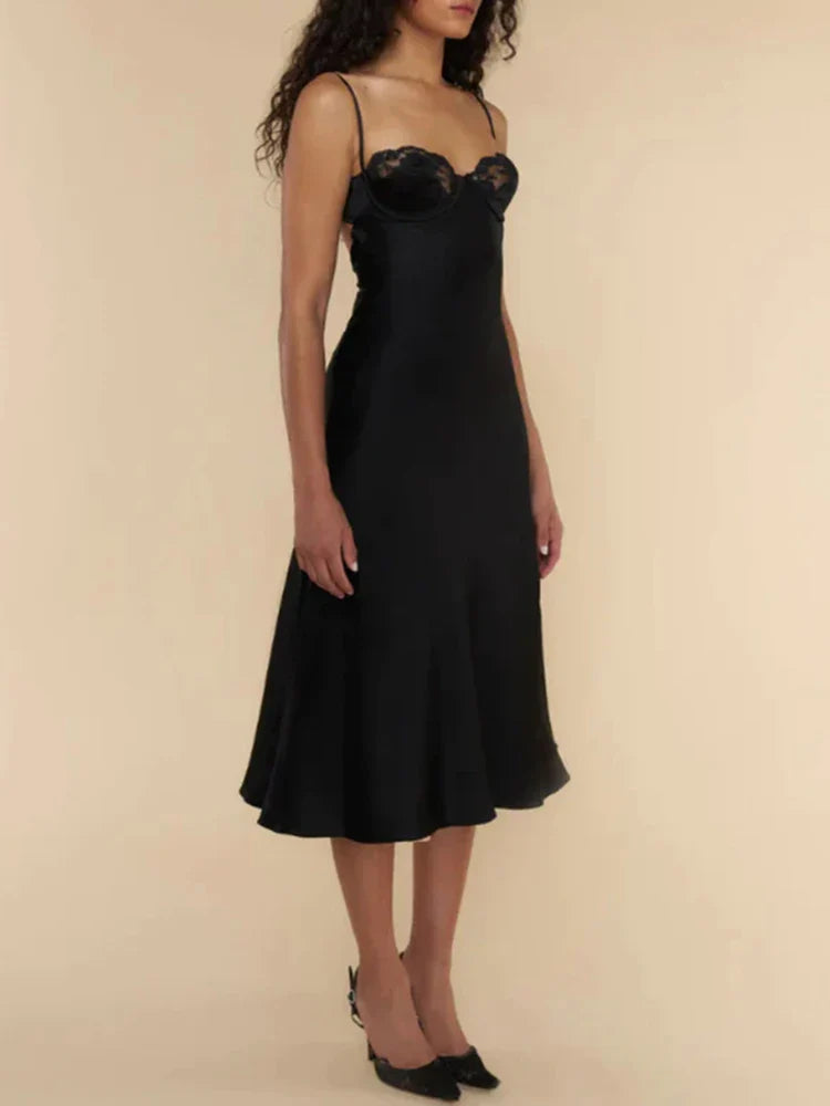 Weitese Dress Patchwork Lace Square Collar Zipper Midi Dress Party Dress Elegant Spaghetti Straps Sleeveless A-line Prom Dress