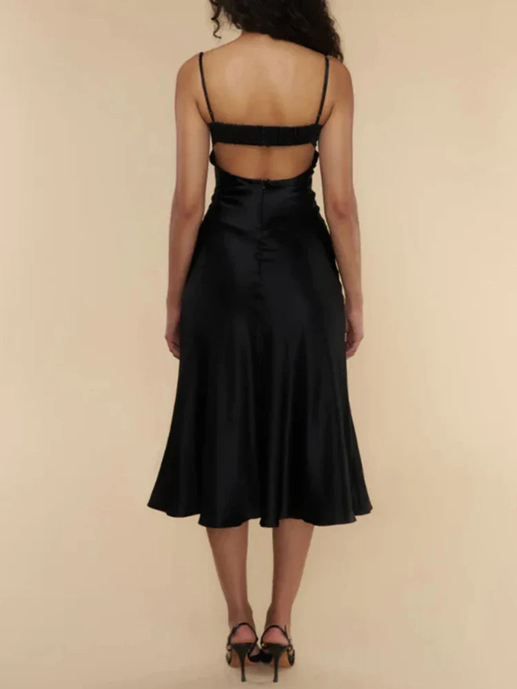 Weitese Dress Patchwork Lace Square Collar Zipper Midi Dress Party Dress Elegant Spaghetti Straps Sleeveless A-line Prom Dress