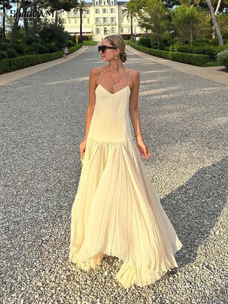 Weitese Dress Patchwork Pleated Halter Sleeveless Dress Party Dress Sleeveless Floor Length Prom Dress