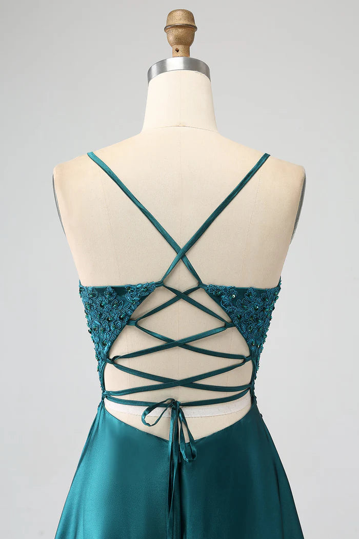 Robe Weitese Vert Paon A-Line Bretelles Spaghetti Robe de Soirée Sans Manches Maxi Robe avec Fentes Robe de Bal 