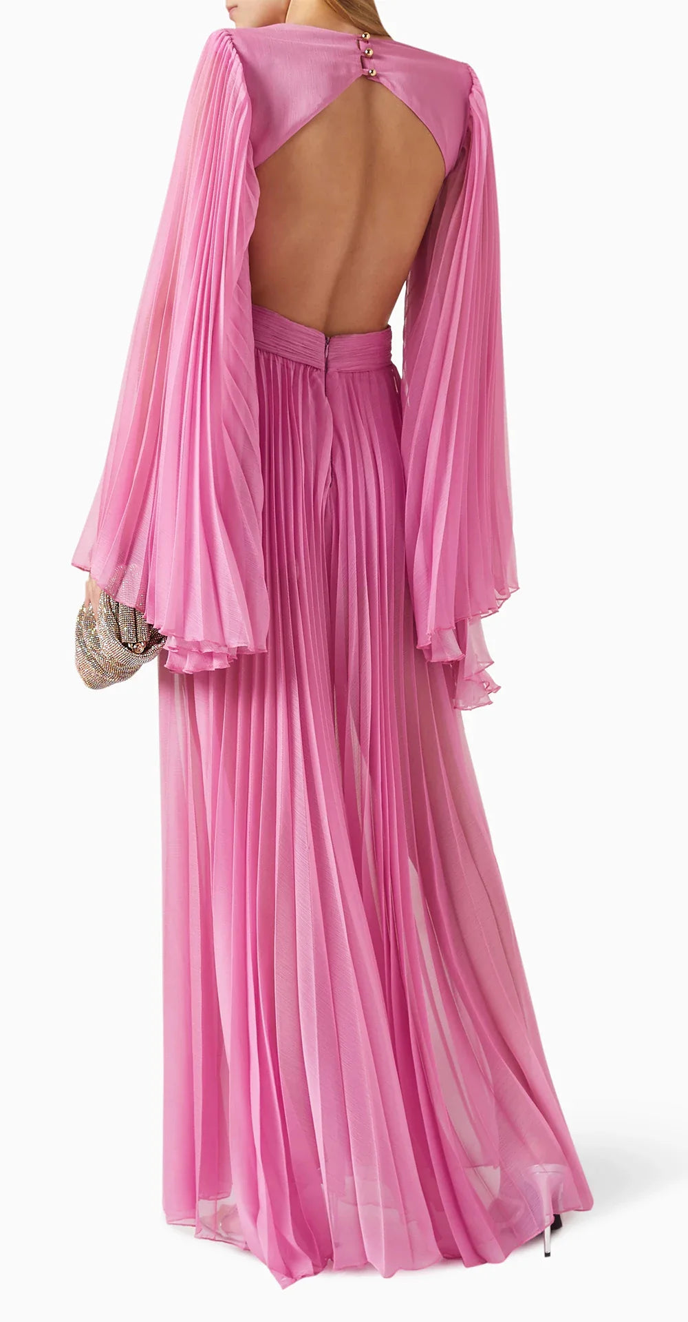 Weitese Dress Pink 3D Floral Maxi Dress Party Dress Long Sleeves Deep V Neck Open Back Pleated Floor Length Prom Dress