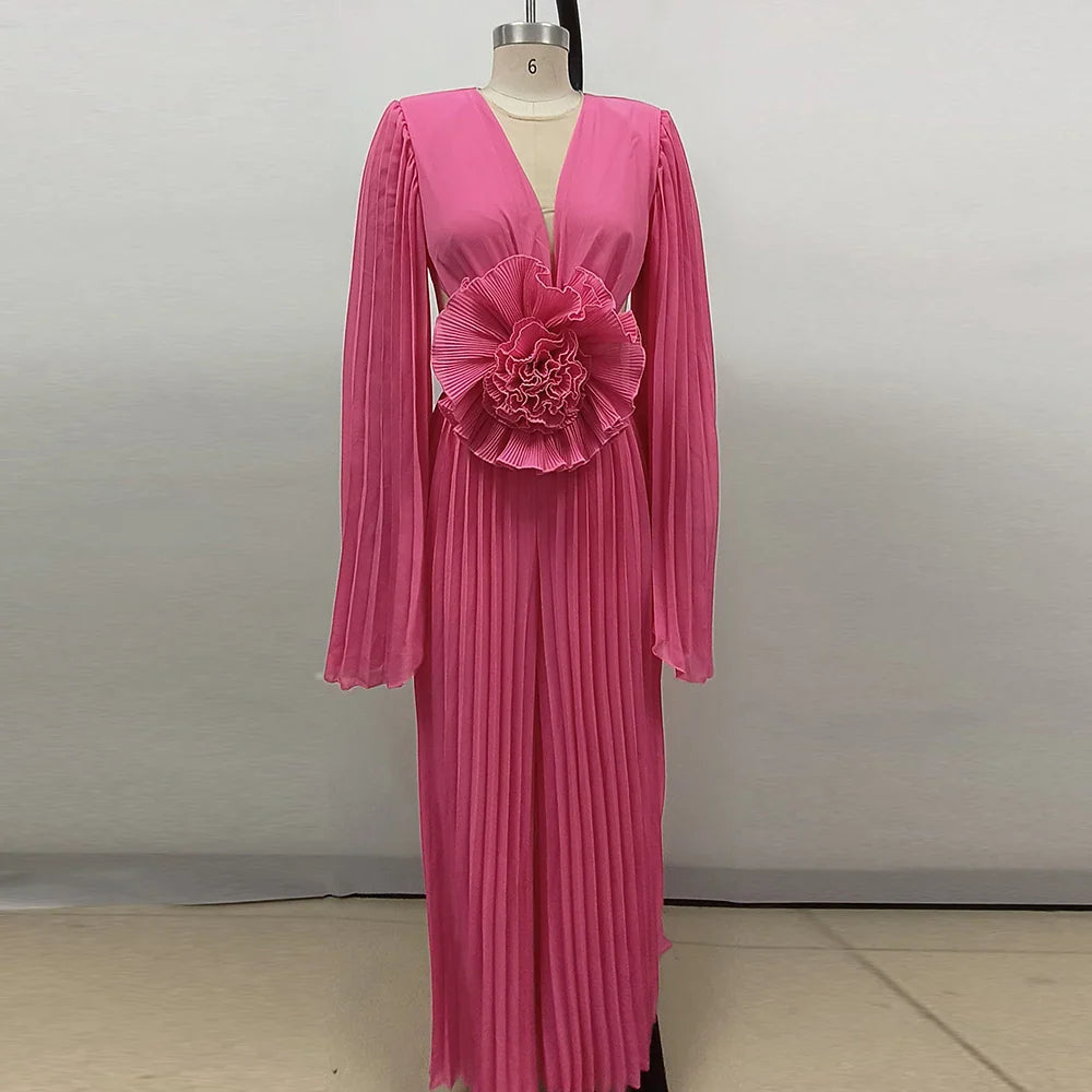 Weitese Dress Pink 3D Floral Maxi Dress Party Dress Long Sleeves Deep V Neck Open Back Pleated Floor Length Prom Dress