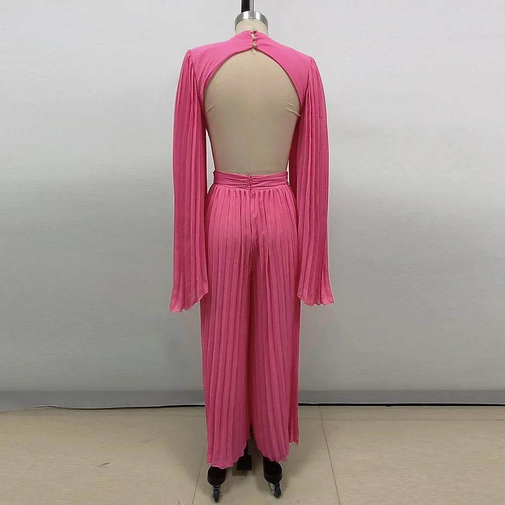 Weitese Dress Pink 3D Floral Maxi Dress Party Dress Long Sleeves Deep V Neck Open Back Pleated Floor Length Prom Dress