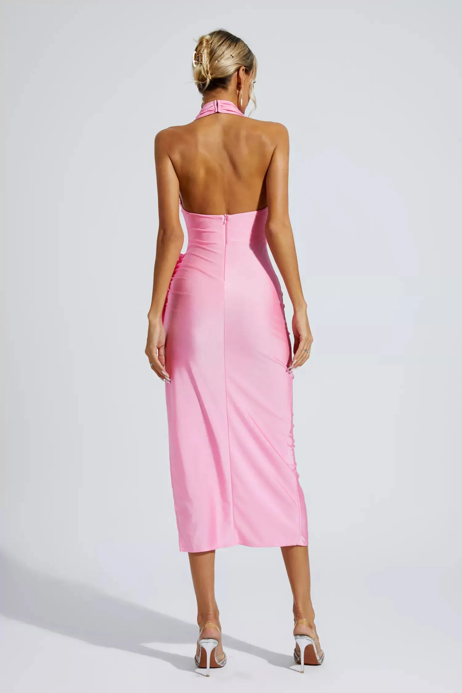 Robe Weitese rose pour femme, tenue de soirée, de plage, dos nu, jolie robe mi-longue fendue, motif floral 3D 