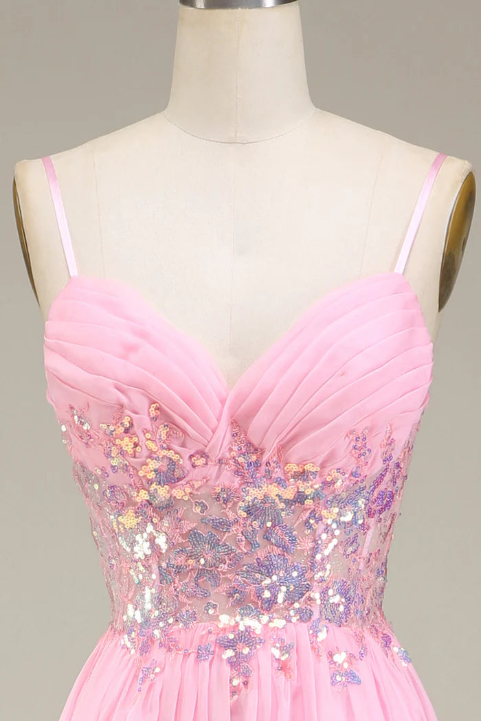 Robe Weitese rose style corset à bretelles spaghetti, robe de soirée trapèze, robe longue sans manches avec robe de bal plissée 