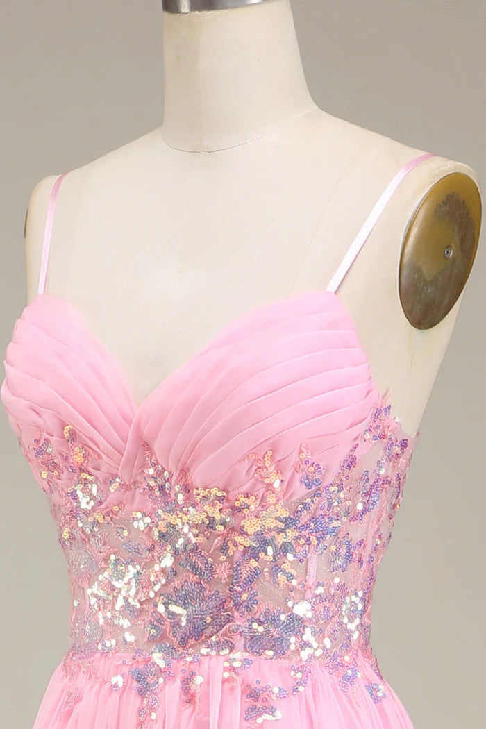 Robe Weitese rose style corset à bretelles spaghetti, robe de soirée trapèze, robe longue sans manches avec robe de bal plissée 
