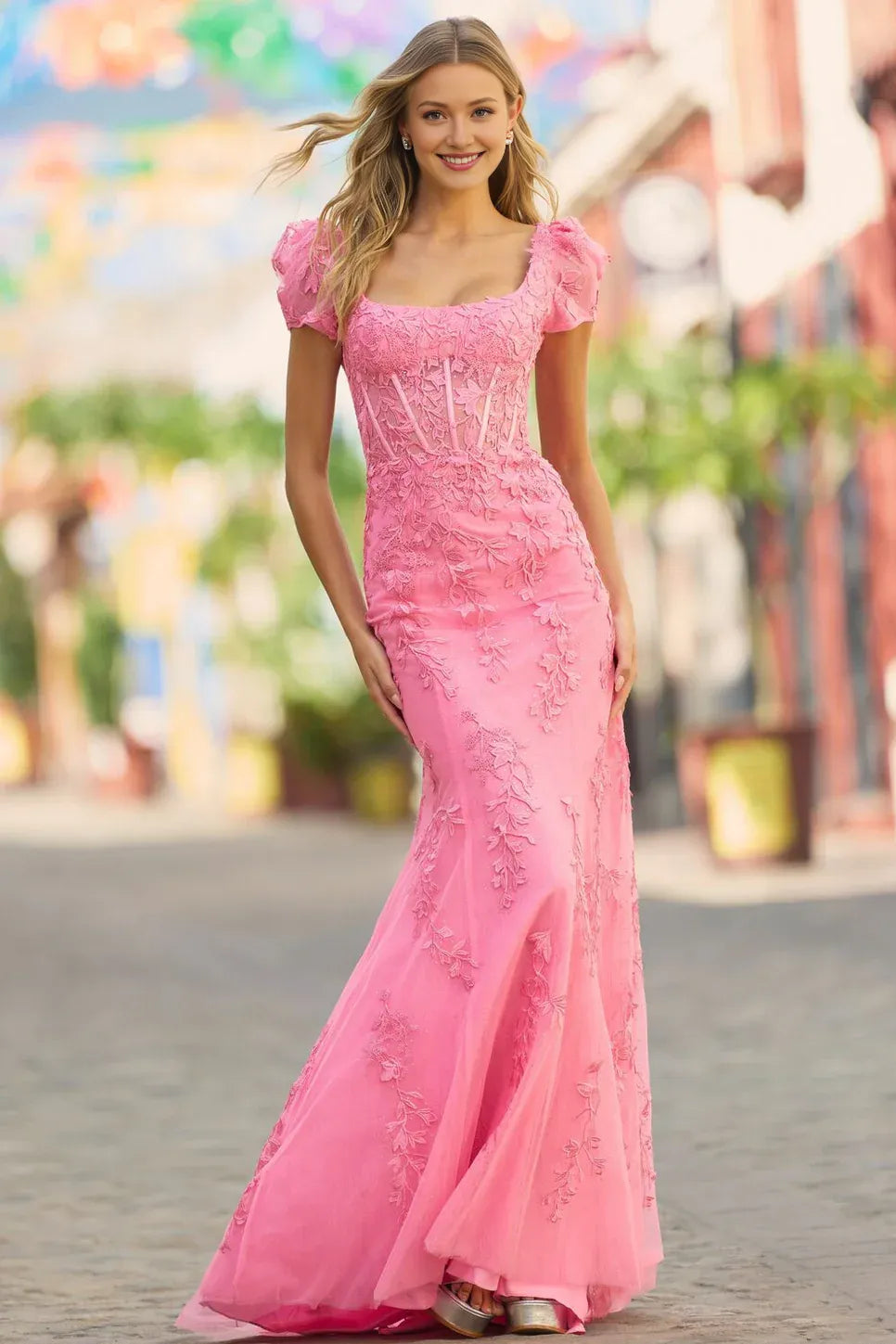 Weitese Dress Pink Embroidered Tulle Mermaid Gown With Puff Sleeves And Square Neckline Exuding Romantic Elegance Prom Dress
