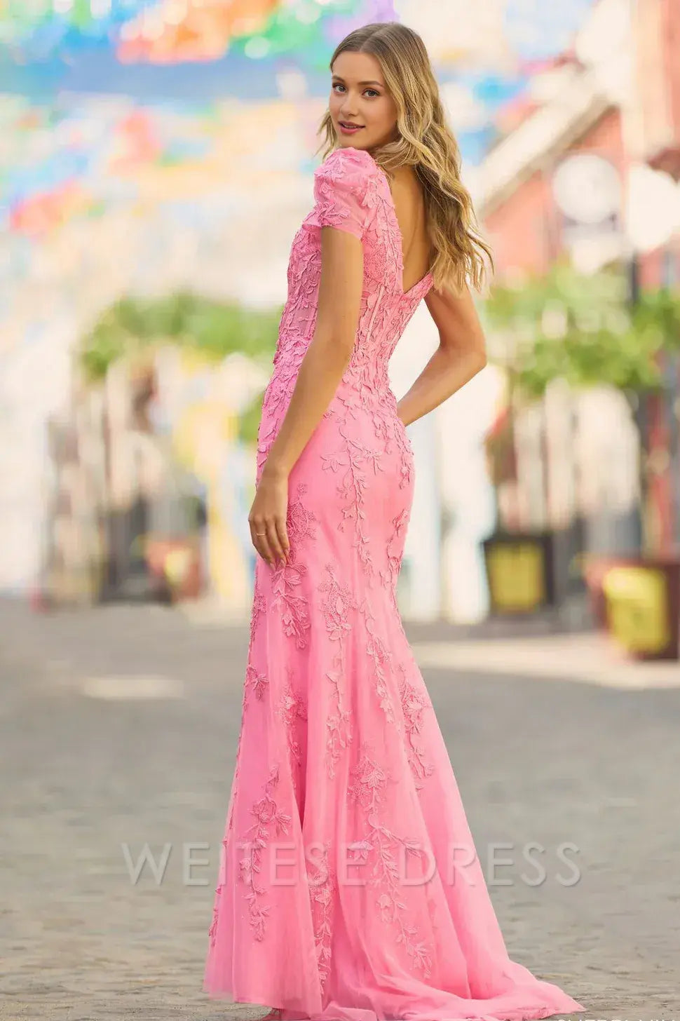 Weitese Dress Pink Embroidered Tulle Mermaid Gown With Puff Sleeves And Square Neckline Exuding Romantic Elegance Prom Dress