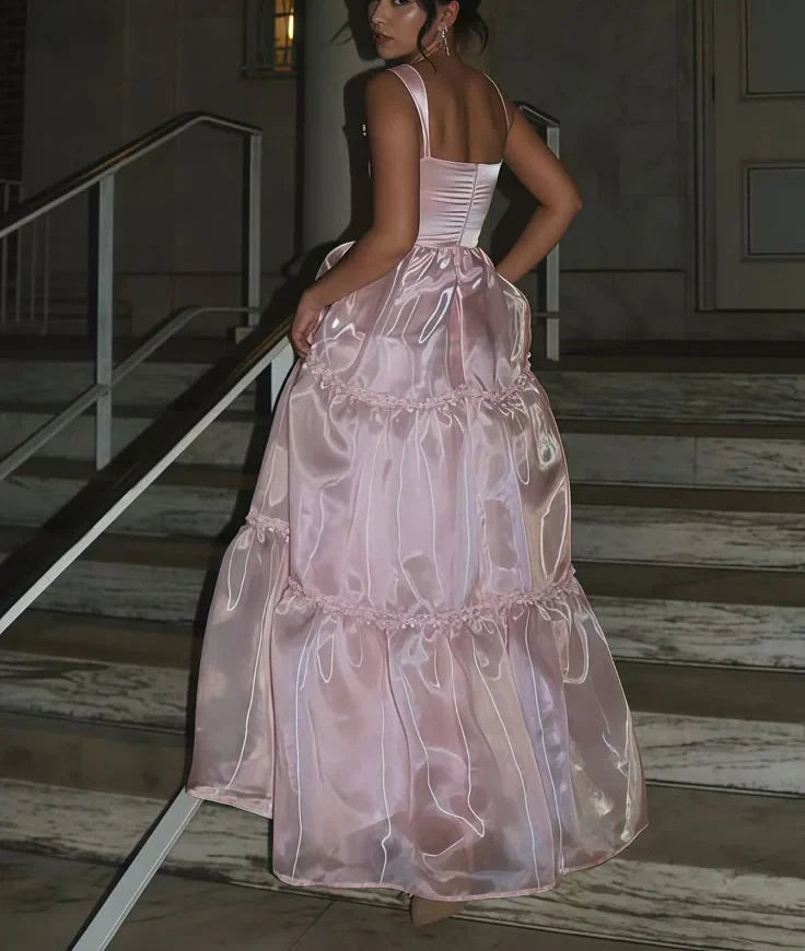 Weitese Dress Pink Fashion Elegant Shiny A-line Spaghetti Strap Long satin Lace Ball Gown Prom Dresses