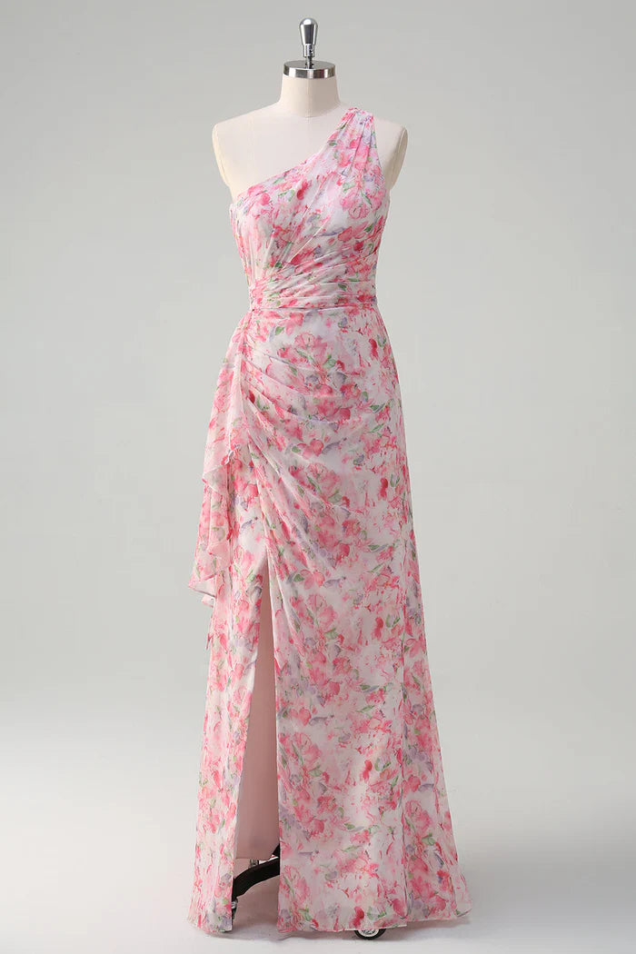 Robe Weitese rose à fleurs, robe de soirée asymétrique, robe longue sans manches avec fente, robe de bal 
