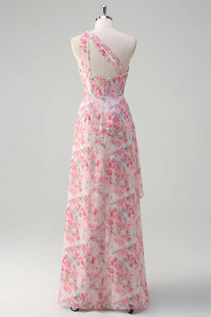 Robe Weitese rose à fleurs, robe de soirée asymétrique, robe longue sans manches avec fente, robe de bal 