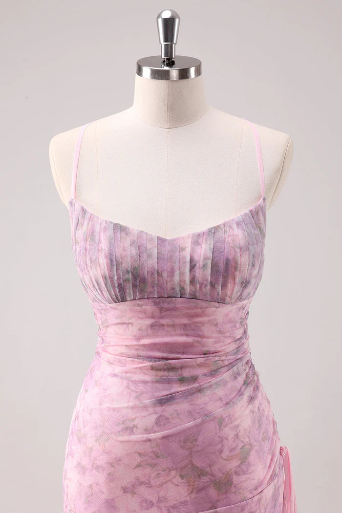 Robe Weitese rose à fleurs, bretelles spaghetti, robe fourreau longue, robe de bal avec lacets, robe de soirée 