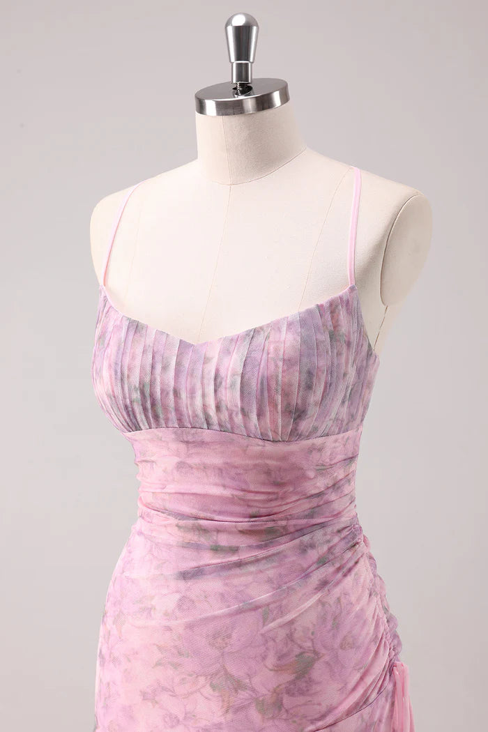 Robe Weitese rose à fleurs, bretelles spaghetti, robe fourreau longue, robe de bal avec lacets, robe de soirée 