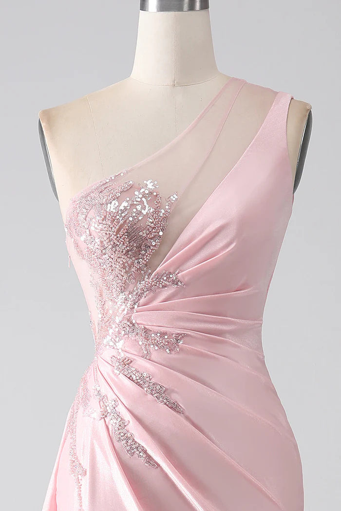 Robe Weitese rose sirène asymétrique à paillettes, robe de soirée froncée, robe longue sans manches avec fente, robe de bal 