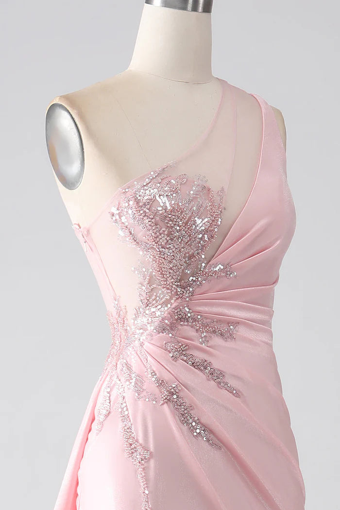 Robe Weitese rose sirène asymétrique à paillettes, robe de soirée froncée, robe longue sans manches avec fente, robe de bal 
