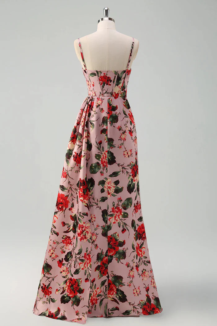 Vestido Weitese rosa rojo floral tirantes finos vestido largo vestido de fiesta sin mangas vestido de noche con abertura 